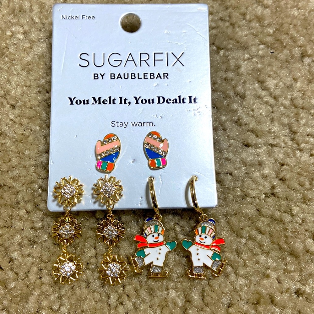 NEW BaubleBar Christmas set snowman frosty mittens gemstone winter 3D earrings